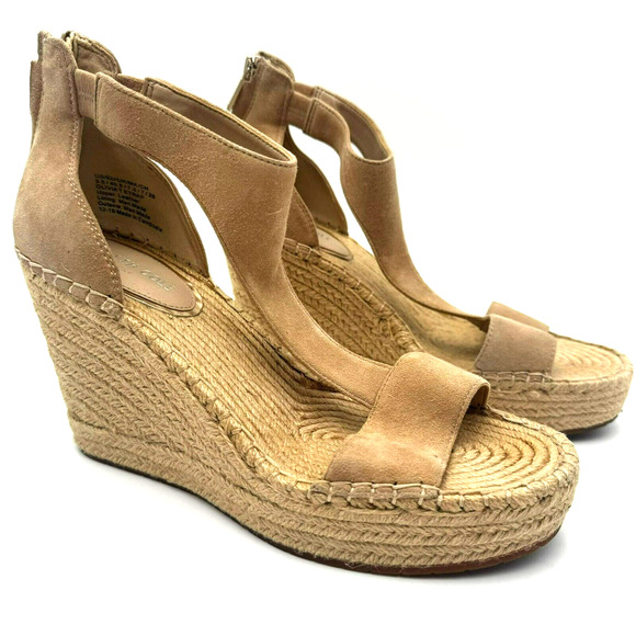 KENNETH COLE Women's 9.5 Olivia T-Strap Leather Beige Espadrille Wedge Sandals - Picture 1 of 9